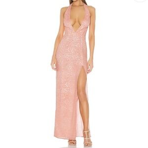 NBD Maxi Dress Into The Fire Gown in Nude Pink, Sz Large